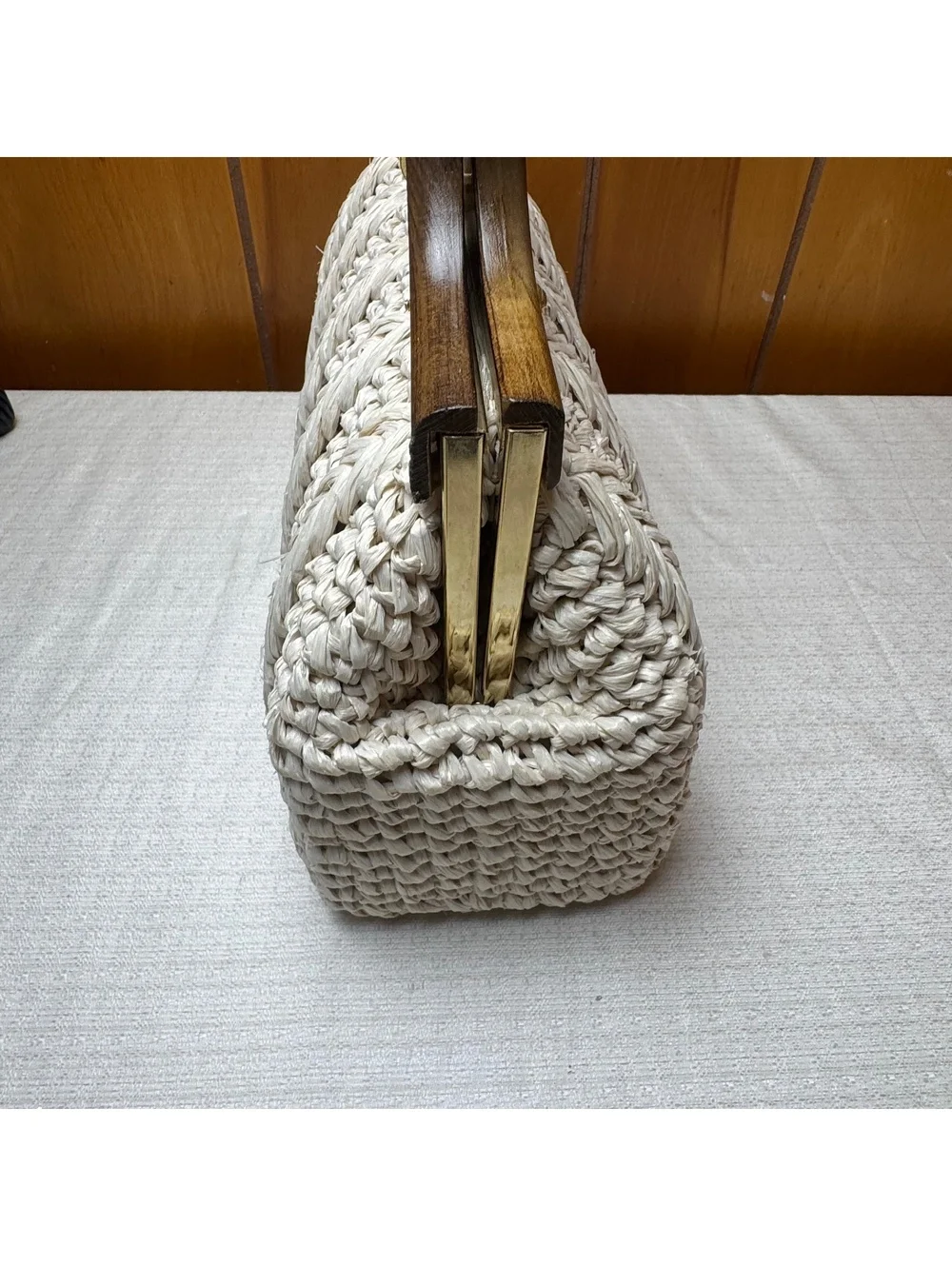 Vintage Italian Raffia Handbag Wooden Handle Clutch Purse Made In Ital